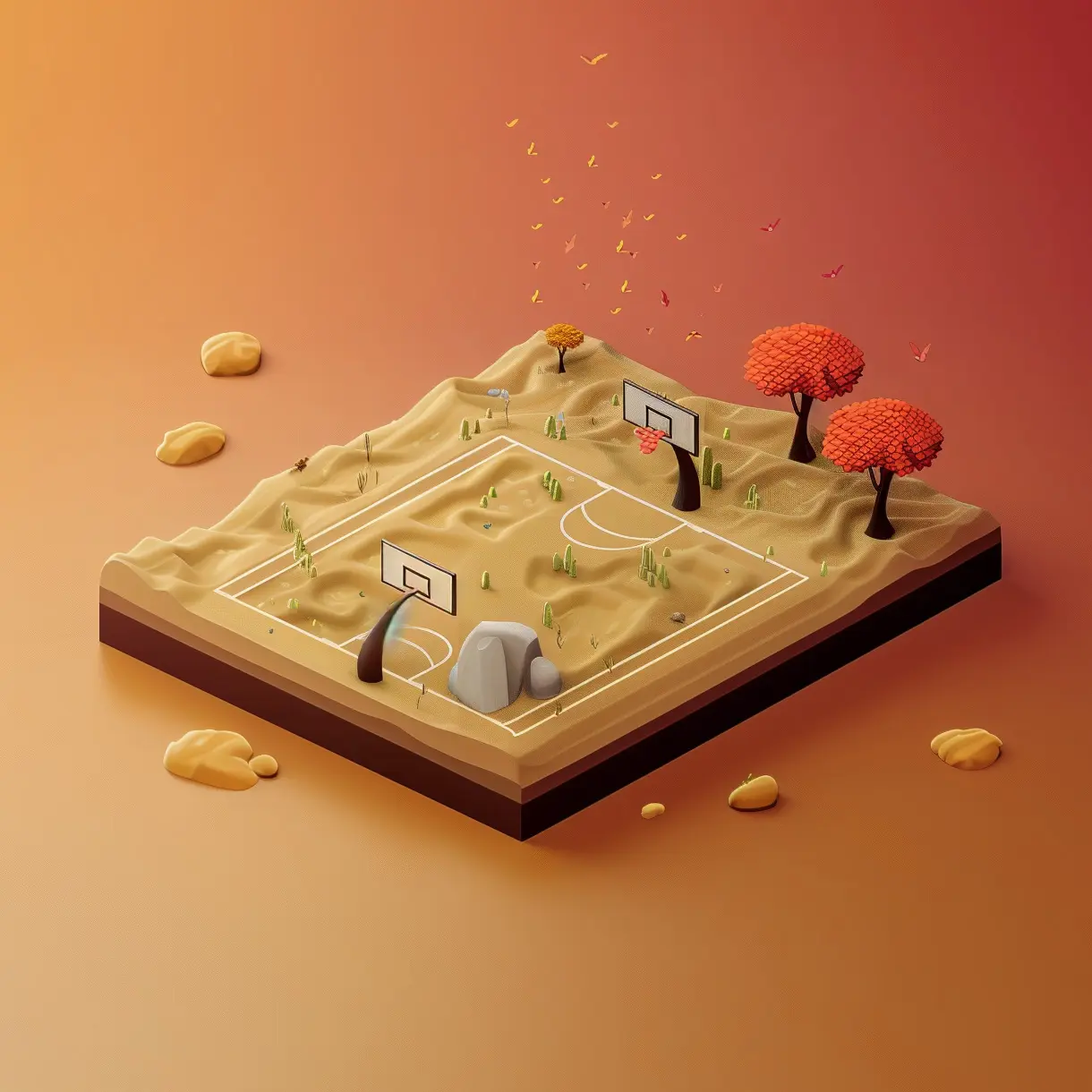A stylized basketball court transformed into another world